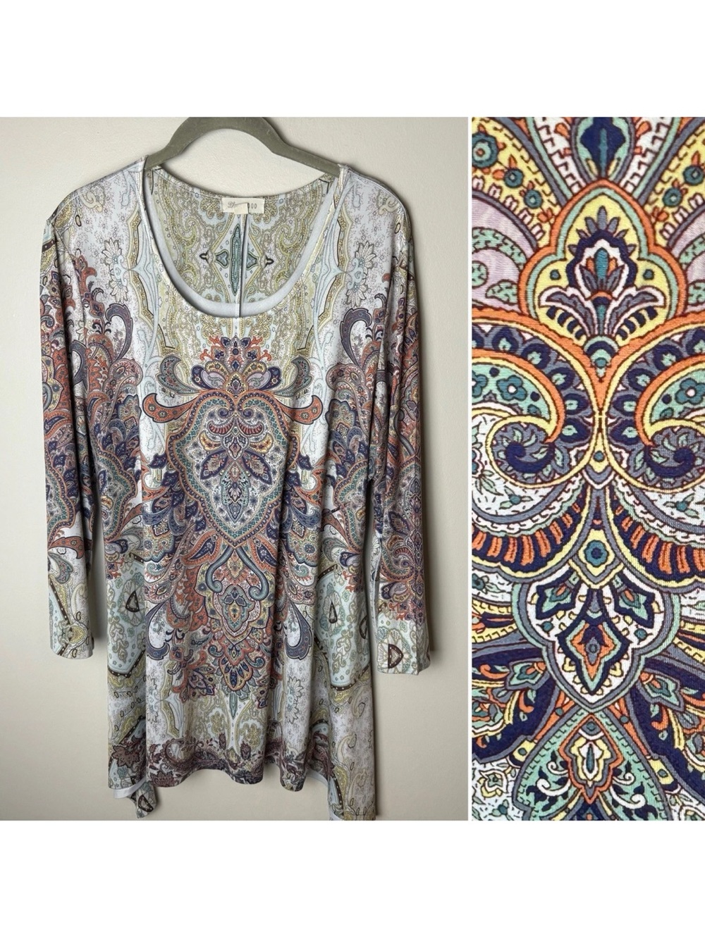 Blue Mood Tunic Top Size XL Paisley Boho 3/4 Sleeves Sharkbit Hem Multicolor